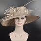 Taupe Wide Brim Sinamay Kentucky Derby Hat: Feather Flower Church Hat