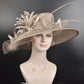Taupe Wide Brim Sinamay Kentucky Derby Hat: Feather Flower Church Hat