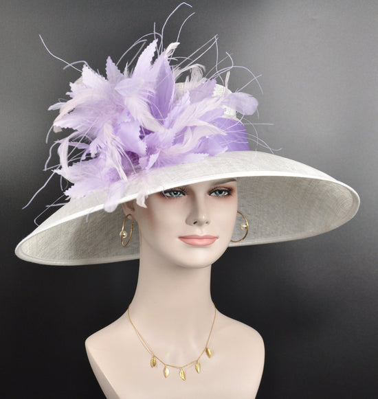 Sinamay Kentucky Derby Hat: White Wide Brim with Lavender Feather Flower