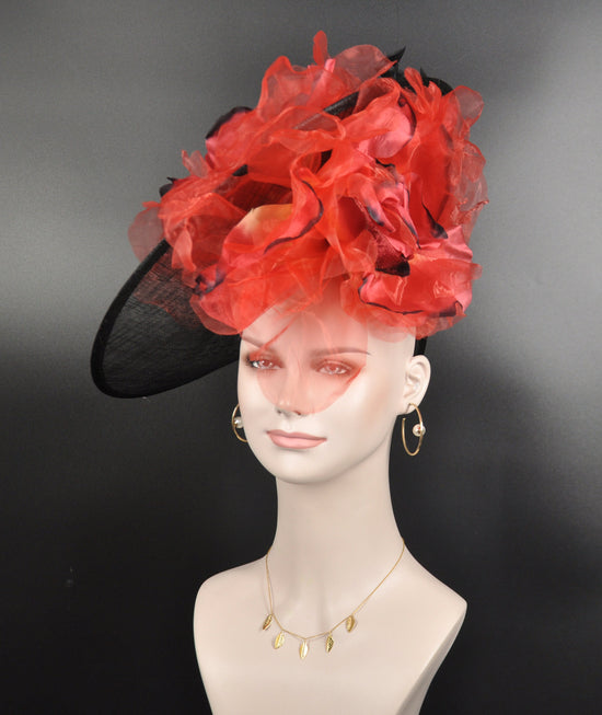 Black Sinamay Kentucky Derby Hat: Red Silk Flower Fascinator