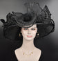 Black Sinamay Kentucky Derby Hat: Feathered Tea Party Fashion Hat