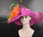 Wide Brim Sinamay Derby Hat, Fuchsia Pink, Peacock Feathers