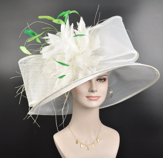 White w White Feather  Flower( More color options)  Kentucky Derby Hat Church,Wedding  Eastern Tea Party Hat Wide Brim Sinamay  Organza  Hat