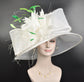 White Feather Flower Derby Hat, Wide Brim Sinamay Organza, Tea Party Wedding Hat
