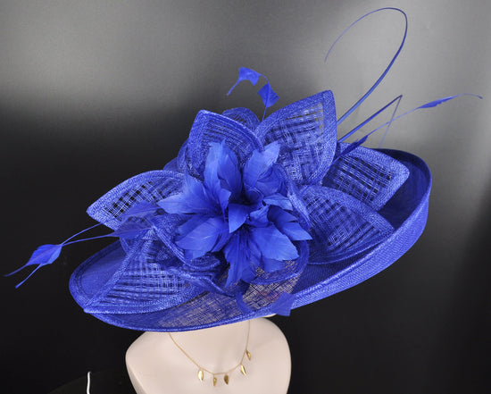 Church, Kentucky Derby Hat ,Carriage, Tea Party, Wedding, Wide Brim Sinamay Hat, Royal Ascot Hat, Horse Race Hat, Oaks day hat Royal Blue