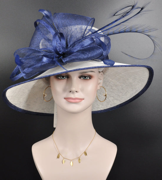 White Sinamay Kentucky Derby Hat, Navy Blue Wide Brim, Feather Bow