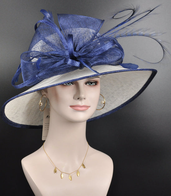 White w Navy Blue Wide Brim Sinamay Hat, Kentucky Derby Hat, Church hat, Tea Party Hat, Custom hat, Formal Hat, Fashion Hat