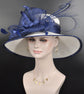 White w Navy Blue Wide Brim Sinamay Hat, Kentucky Derby Hat, Church hat, Tea Party Hat, Custom hat, Formal Hat, Fashion Hat