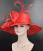Red Sinamay Derby Hat: Wide Brim Feathered Tea Party Hat