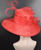 Red Sinamay Derby Hat: Wide Brim Feathered Tea Party Hat