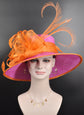 Fuchsia & Orange Sinamay Derby Hat: Wide Brim Feathered Tea Party Hat