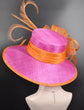 Fuchsia & Orange Sinamay Derby Hat: Wide Brim Feathered Tea Party Hat