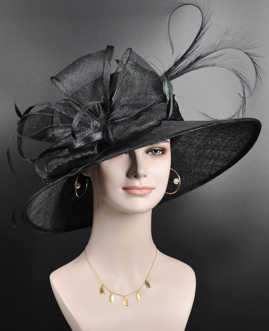 Black Wide Brim Sinamay Kentucky Derby Hat with Feathers