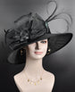 Black Wide Brim Sinamay Kentucky Derby Hat with Feathers