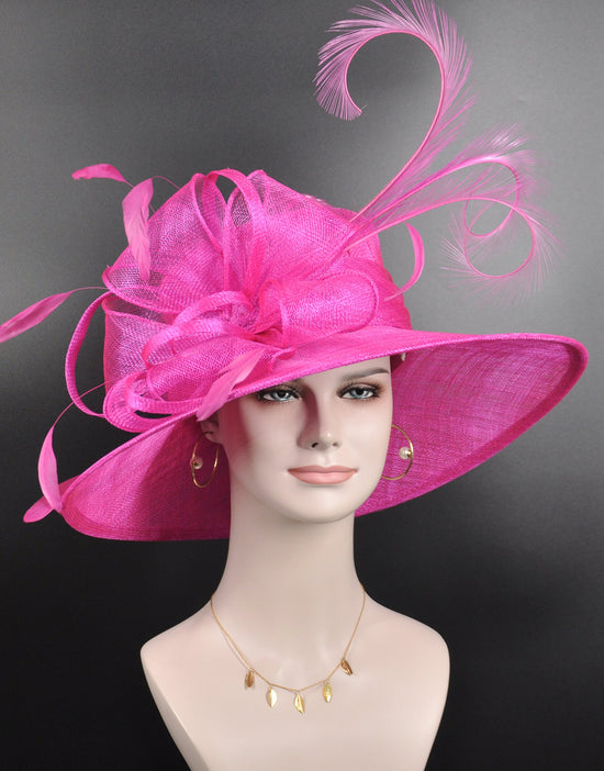 Fuchsia Pink Sinamay Kentucky Derby Hat: Wide Brim Feathered Tea Party Hat