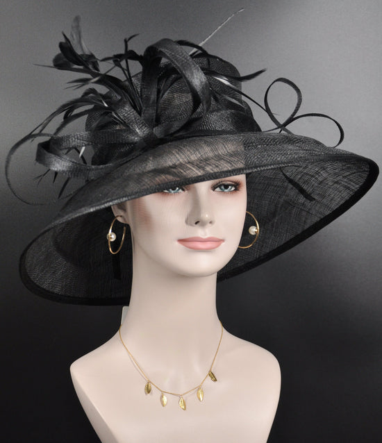 Black Kentucky Derby Hat: Wide Brim Sinamay Feather Ascot Hat