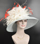 Powder Blue with Super Jumbo Ivory Feather Flowers  W Red Kentucky Derby Hat Tea Party Carriage Party  Royal Ascot Wide Brim Sinamay Hat