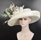 Wide Brim Sinamay Kentucky Derby Hat: Ivory, Blue & Peacock Feathers