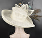 Wide Brim Sinamay Kentucky Derby Hat: Ivory, Blue & Peacock Feathers