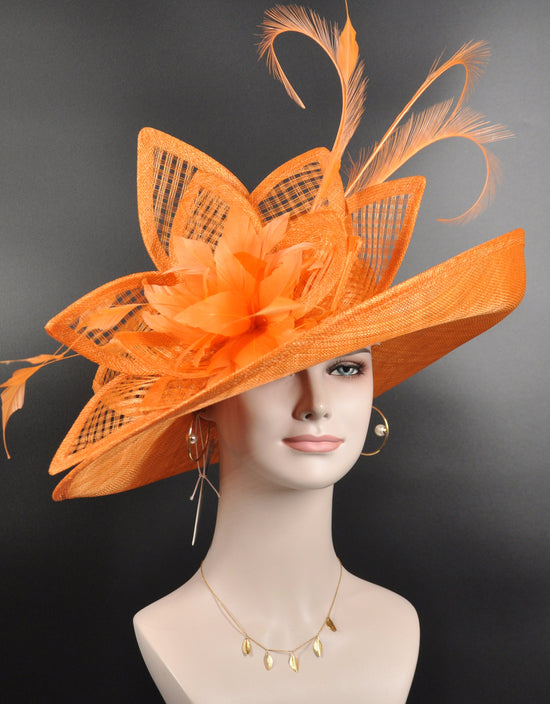 Orange Sinamay Kentucky Derby Hat: Wide Brim Feathered Ascot Hat