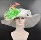 Wide Brim Sinamay Derby Hat: White, Mint, Coral & Feather Flower