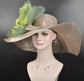 Wide Brim Sinamay Derby Hat: Taupe with Green Silk Flower