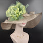 Wide Brim Sinamay Derby Hat: Taupe with Green Silk Flower