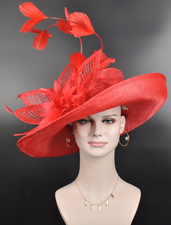 Wide Brim Sinamay Hat, Kentucky Derby Hat, Church hat, Tea Party Hat, Custom hat, Formal Hat, Fashion Hat Red w Feathers Lily Oaks Day Hat