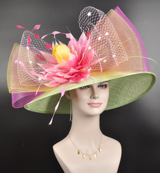 Wide Brim Sinamay Kentucky Derby Hat: Green, Lemon, Pink Flower