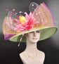 Wide Brim Sinamay Kentucky Derby Hat: Green, Lemon, Pink Flower