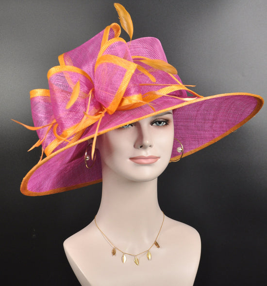 Sinamay Derby Hat: Hot Pink & Orange Wide Brim Ascot Hat