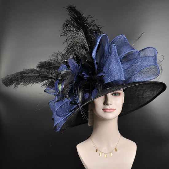Wide Brim Sinamay Derby Hat: Navy Blue, Black Feather Flower
