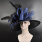 Black Navy Blue Wide Brim Sinamay Hat Church Kentucky Derby Hat Carriage Tea Party Wedding Hat Bows Feather Flower Ostrich Feathers  Quills