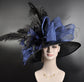 Black Navy Blue Wide Brim Sinamay Hat Church Kentucky Derby Hat Carriage Tea Party Wedding Hat Bows Feather Flower Ostrich Feathers  Quills