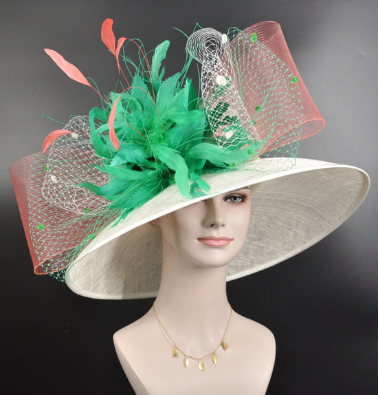 Wide Brim Sinamay Derby Hat, Ivory Coral Green Feather Flowers