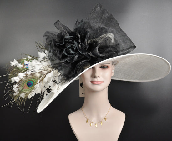 Wide Brim Sinamay Derby Hat: White & Black Feather Ascot Hat
