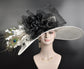 Wide Brim Sinamay Derby Hat: White & Black Feather Ascot Hat