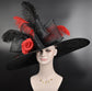 Black Sinamay Derby Hat: Red Rose, Feather Ascot Hat