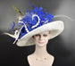 Church, Kentucky Derby Hat ,Tea Party, Wedding, Wide Brim Sinamay Hat, Royal Ascot Hat,  Oaks day hat Ivory  Royal Blue Silk flower Feathers