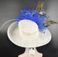 Church, Kentucky Derby Hat ,Tea Party, Wedding, Wide Brim Sinamay Hat, Royal Ascot Hat,  Oaks day hat Ivory  Royal Blue Silk flower Feathers