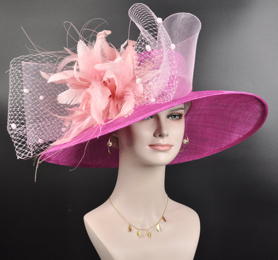Fuchsia Sinamay Kentucky Derby Hat: Pink Feather Flower, Wide Brim