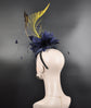 Sinamay Disc Fascinator Hat with Navy Blue  Jumbo  Feather Flower, God Feather and Netting