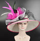 Wide Brim Sinamay Derby Hat: Fuchsia Pink Silk Flower Feather Bow