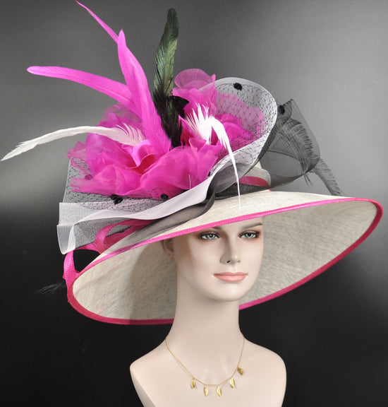 Wide Brim Sinamay Derby Hat: Fuchsia Pink Silk Flower Feather Bow