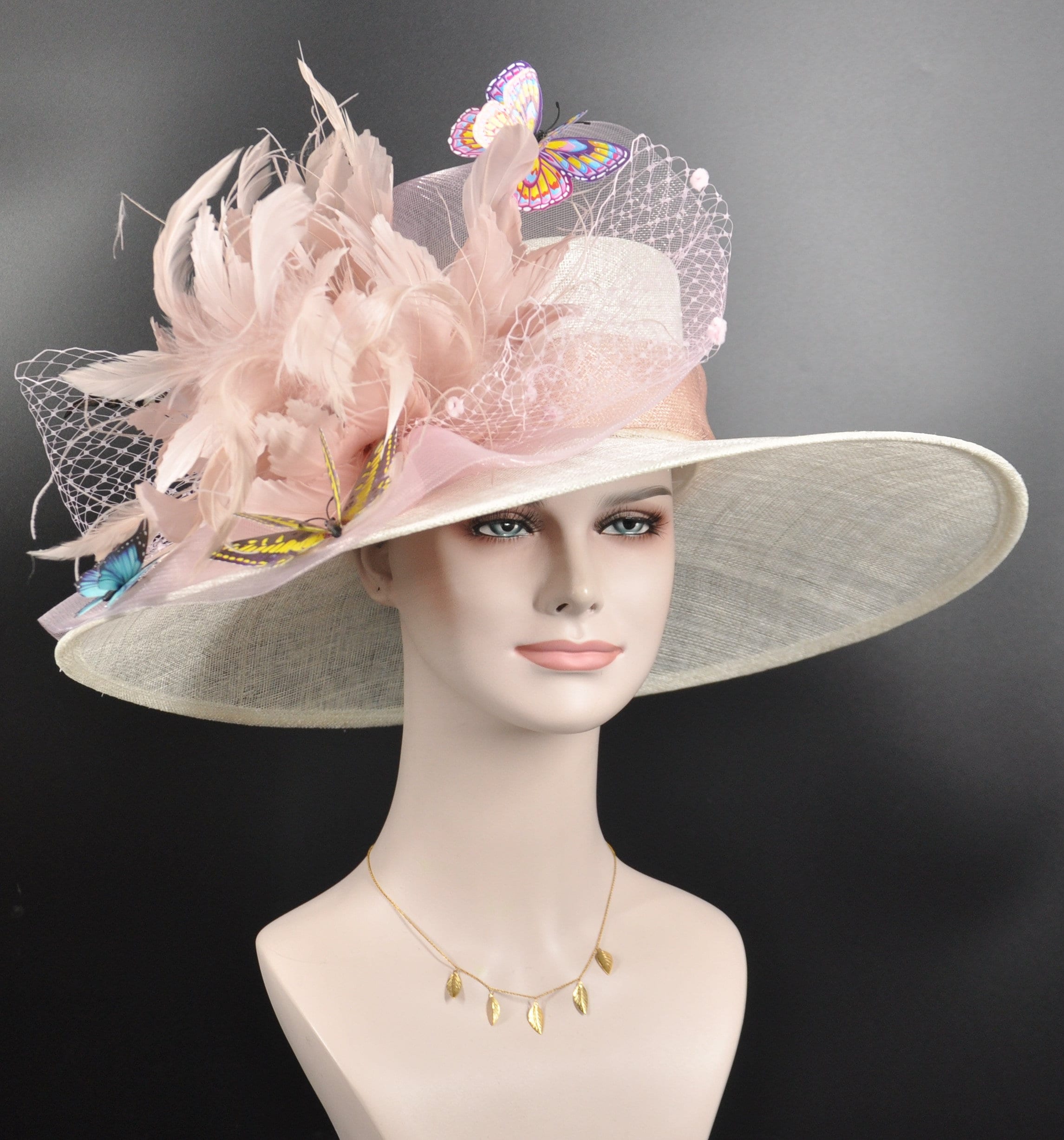 Wide Brim Kentucky Derby Hat, Ivory & Blush Feather Flower, Butterfly ...