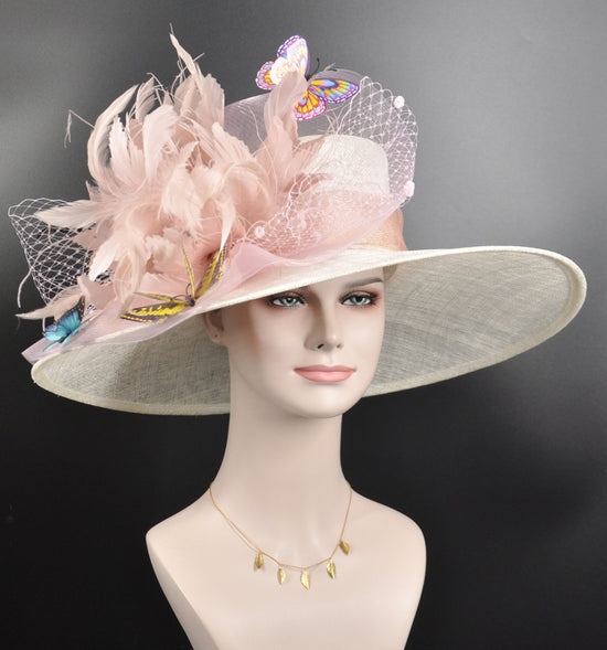 Ivory W Blush Pink  Jumbo Feather Flower, Butterflies Church Kentucky Derby Hat Carriage Tea Party Wedding Wide Brim Woman’s Royal Ascot Hat