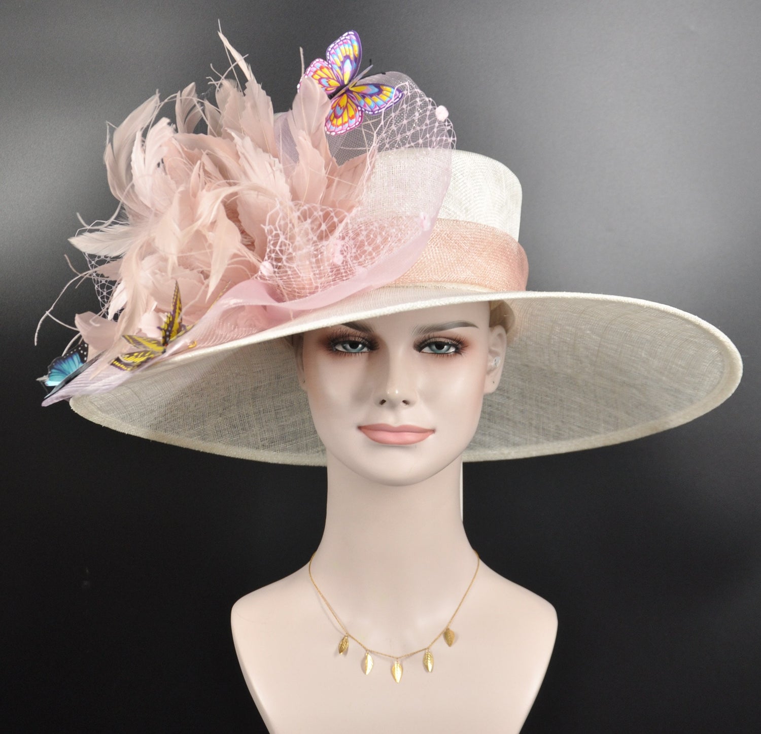 Wide Brim Kentucky Derby Hat, Ivory & Blush Feather Flower, Butterfly ...