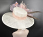 Ivory W Blush Pink  Jumbo Feather Flower, Butterflies Church Kentucky Derby Hat Carriage Tea Party Wedding Wide Brim Woman’s Royal Ascot Hat