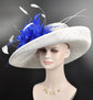 Wide Brim Sinamay Derby Hat: Royal Blue Feather Church Wedding