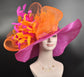Hot Pink Sinamay Derby Hat: Orange Bow & Feather Flowers